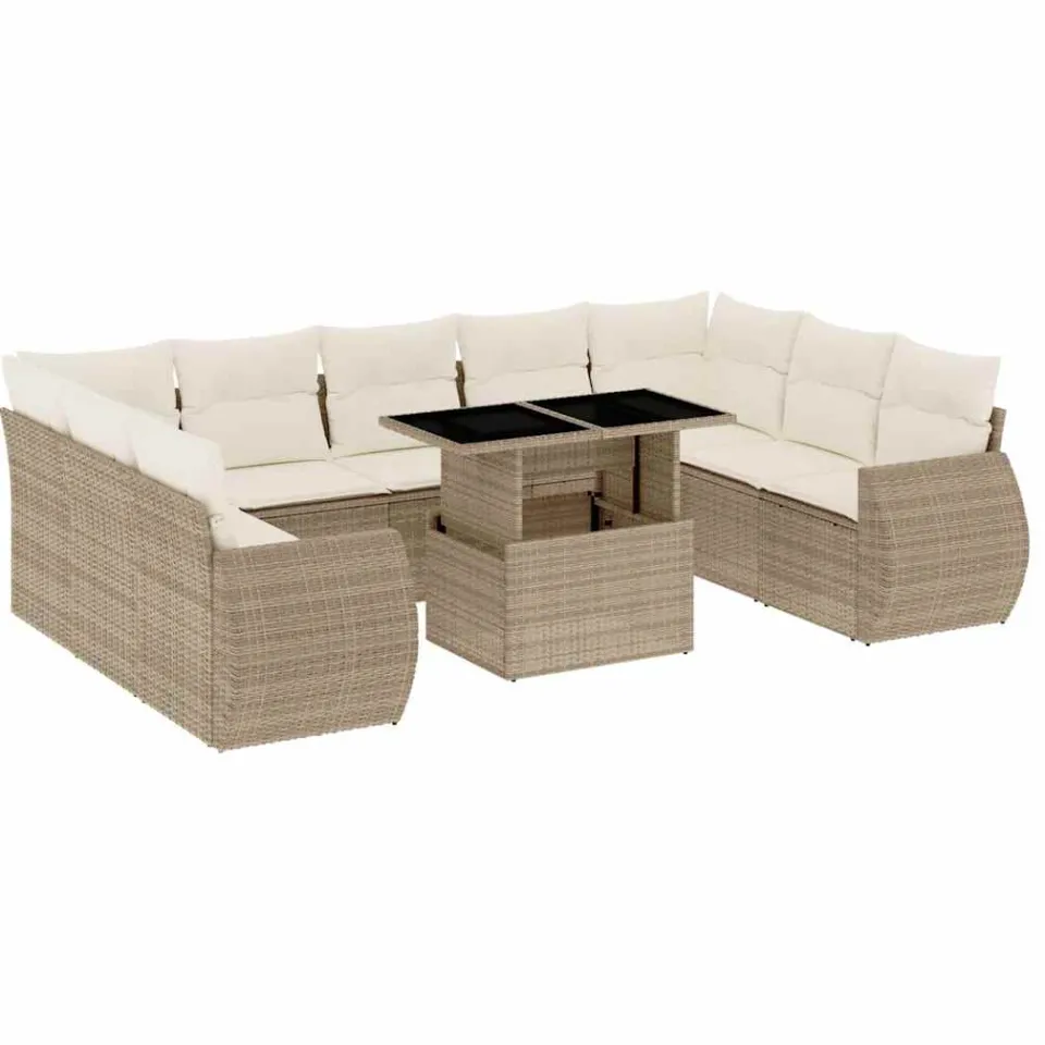vidaXL 10-delige Loungeset met kussens poly rattan beige, foto 3