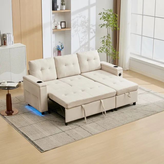 STILVORA Slaapbank 208 X 146 X 89,5 Cm - Opklapbaar Met Opbergruimte En Led Verlichting - Voor Woonkamer En Logeerkamer - Stof Beige