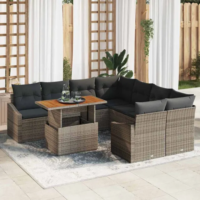 vidaXL Tuin Sofa Set 9 st Grijs Poly riet, foto 2