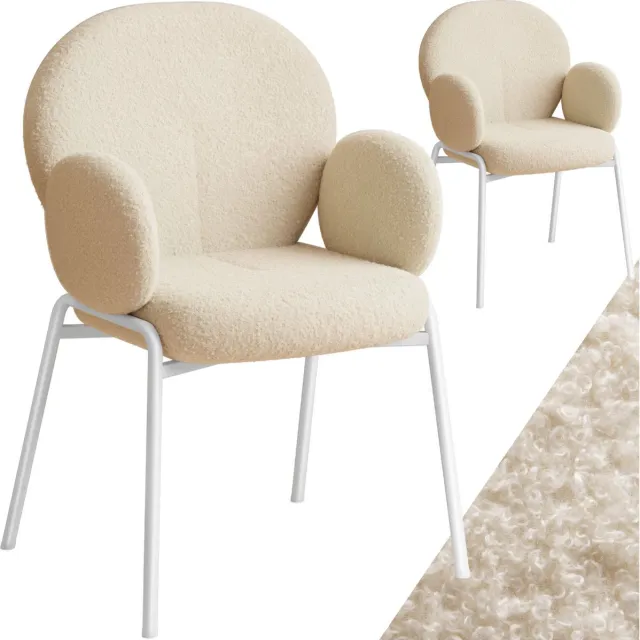 Tectake Eetkamerstoelen met Armleuning - Set van 2 - Scandi Stoel - Eetkamerstoel - Stoelen voor Eetkamer en Eettafel - Keukenstoelen - Bekleding van Bouclé Teddystof - Klassiek - Crème Creme