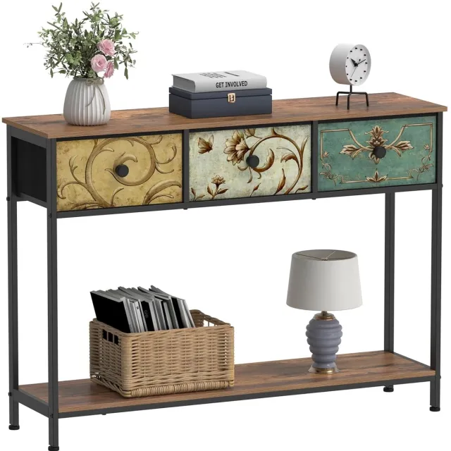 Trankielo Consoletafel met 3 stoffen laden - Vintage bruin - Metalen frame - Eenvoudige montage zwart, wit, multi