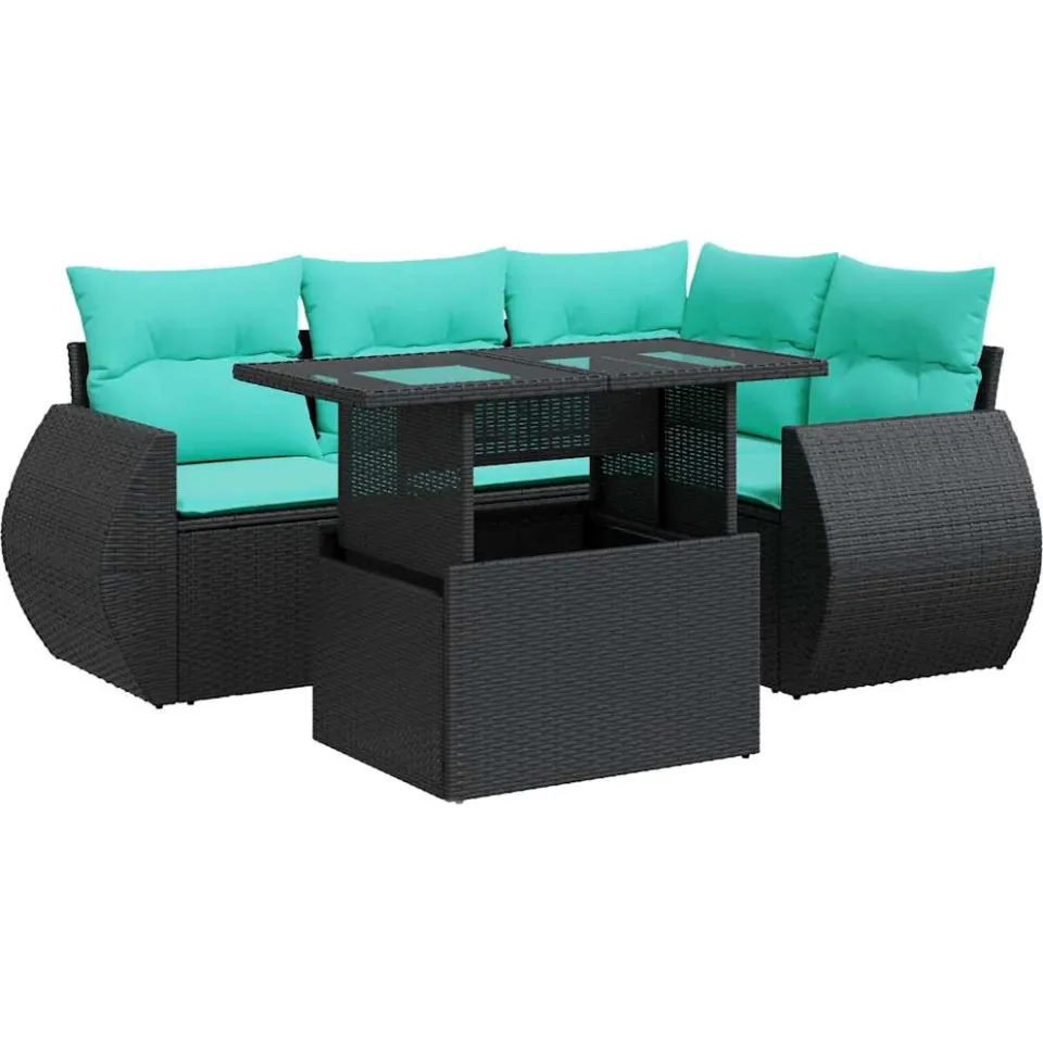vidaXL 5-delige Loungeset met kussens poly rattan acacia zwart, foto 3