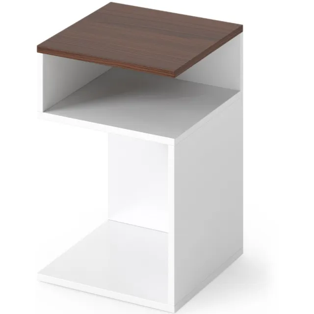 Suredeal Bijzettafel - Vormige - Open Vakken Nachtkastje - Walnoot - 33x33x50 cm - Wit + Notenhout