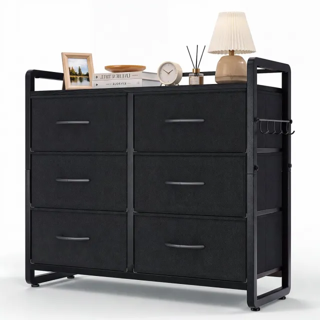 Hokeeper Ladekast met 6 Stoffen Lades – Opbergkast met Houten Bovenblad – Industrieel Dressoir – Kast met Lades voor Slaapkamer. Woonkamer en Hal – Vintage Zwart – 78.5 x 28 x 69.7 cm
