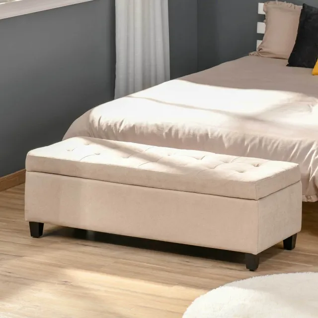 MIVRAY Opbergbank – Gecapitonneerde Zitting Met Opbergruimte – 125 x 49 x 41,5 cm – Polyester – Beige – Voor Slaapkamer En Woonkamer