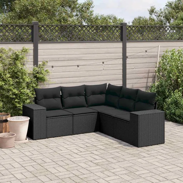vidaXL 5-delige Loungeset met kussens poly rattan zwart, foto 2