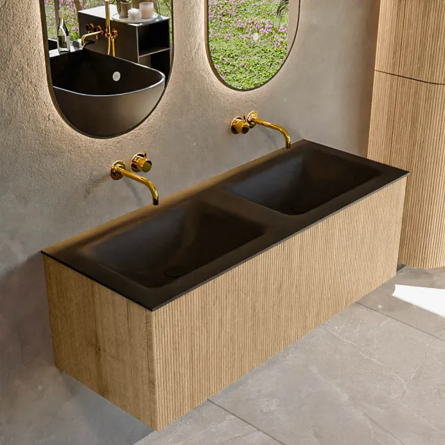 Mondiaz KURVE 120 cm Onderkast Greeploos 1 Lade Zonder Deuren Oak, Wastafel Solid Surface Dubbel Urban 0 Kraangaten Zonder Spiegel (KRVCLO1201L0D0KD-Oak/Urb)