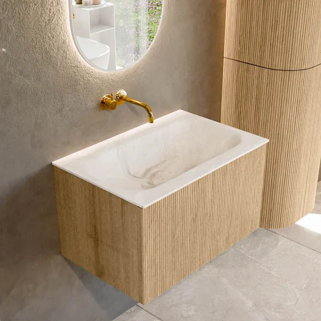 Mondiaz KURVE-DLUX 70 cm Onderkast Greeploos 1 Lade Zonder Deuren Oak, Wastafel Solid Surface Volledig Frappe 0 Kraangaten Zonder Spiegel (KRVBGS701L0D0KM-Oak/Fra)