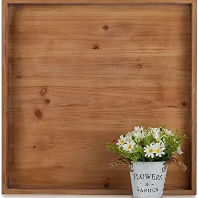 PromoHome Vierkant Ottomaans Dienblad - Groot Houten Serveerblad met Handgrepen voor Woonkamer Bruin