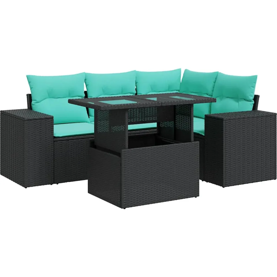 vidaXL 5-delige Loungeset met kussens poly rattan acacia zwart, foto 3
