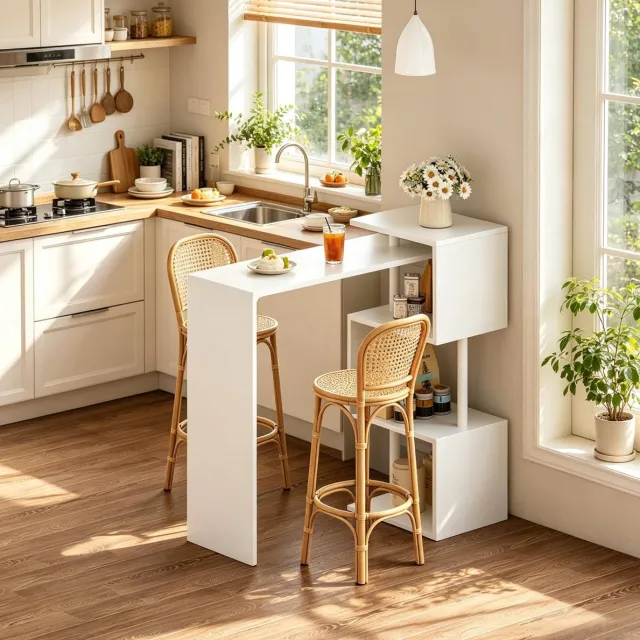 MEUNIQ Bartafel 97,5 x 38 x 100 cm met 3 open opbergplanken, MDF blad en metalen poten, wit voor keuken, woonkamer of bar