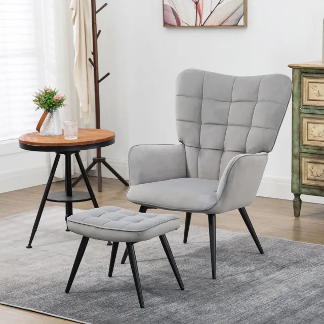 MODFU Fauteuil Met Hocker - Hoge Rugleuning - Velourslook - Metalen Poten - Lichtgrijs