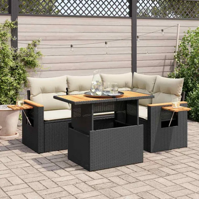 vidaXL 5-delige Loungeset met kussens poly rattan acacia zwart, foto 2