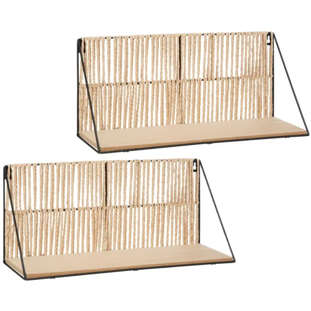 Atmosphera Wandplankje Tatra - 2x - zwart/beige - metaal/hout/papier - 48 x 12 x 20 cm - muur planken