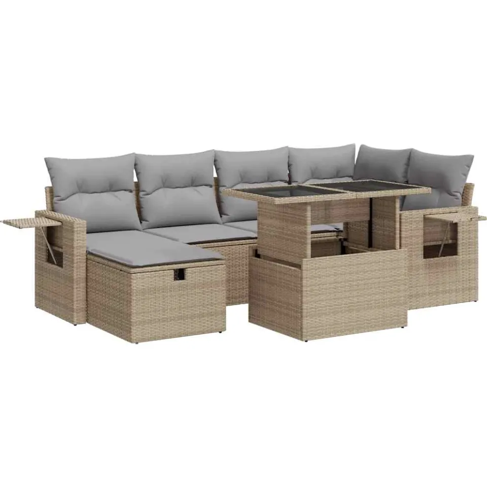 vidaXL 7-delige Loungeset met kussens poly rattan beige, foto 3
