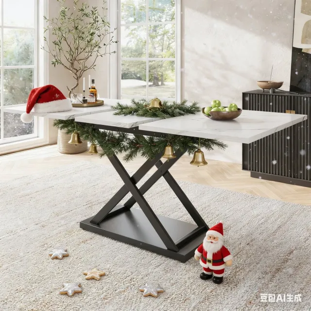 REDOM Eettafel 120-160*80*75cm van MDF en metaal, wit gemarmerd blad en zwart kruisvormig onderstel, uitschuifbaar Wit+Zwart