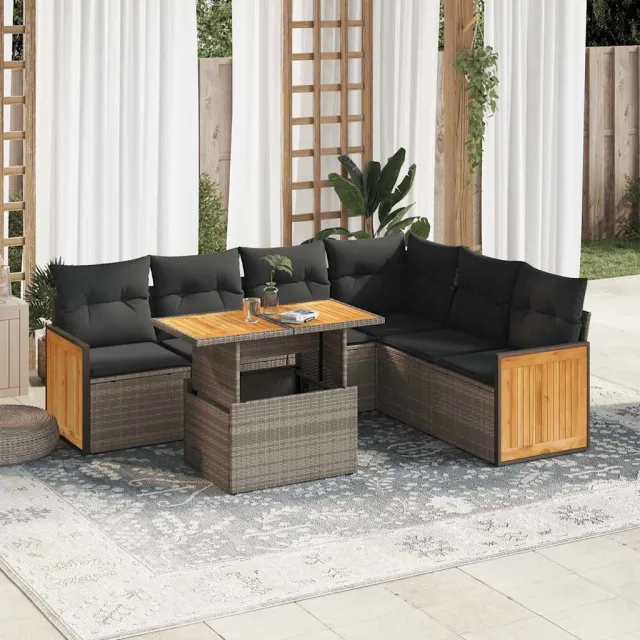 vidaXL 7-delige Loungeset met kussens poly rattan acacia grijs, foto 2