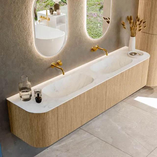 Mondiaz KURVE-DLUX 200 cm Onderkast Greeploos 2 Lades Met Deuren Oak, Wastafel Solid Surface Dubbel Opalo 0 Kraangaten Zonder Spiegel (KRVSTS200L+R2L2D0KD-Oak/Opa)