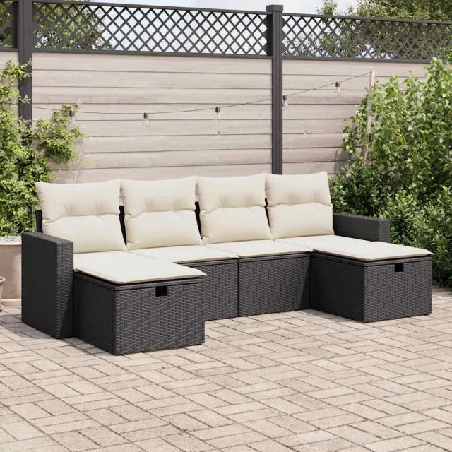 vidaXL 6-delige Loungeset met kussens poly rattan zwart