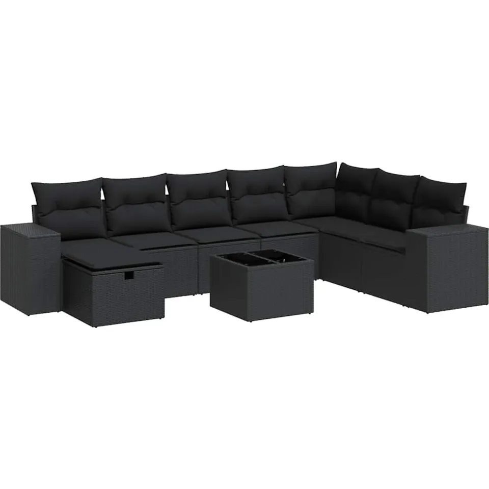 vidaXL 9-delige Loungeset met kussens poly rattan zwart, foto 3