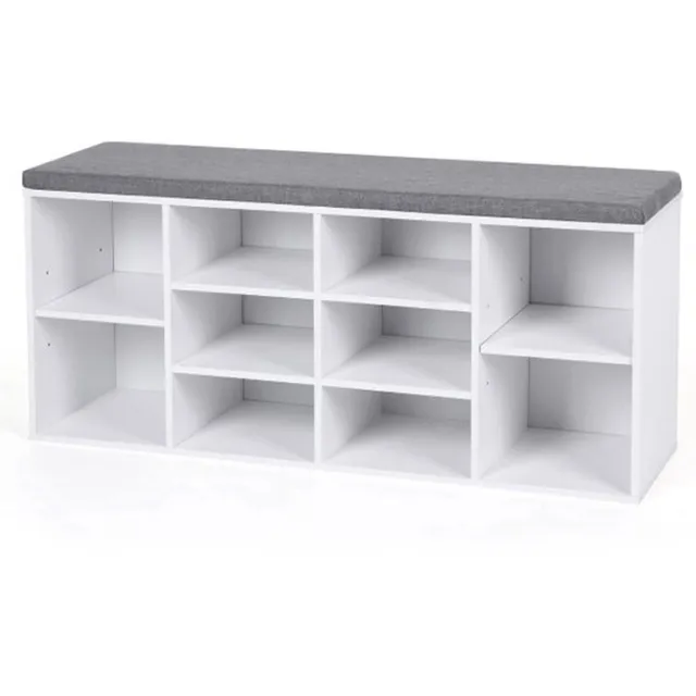FurnStar Schoenenbank Met Kussen - Opbergbank Met Gevoerde Zitting - Halbank Met 10 Compartimenten - Voor Slaapkamer - 104x30x48 cm - Wolkenwit En Duifgrijs
