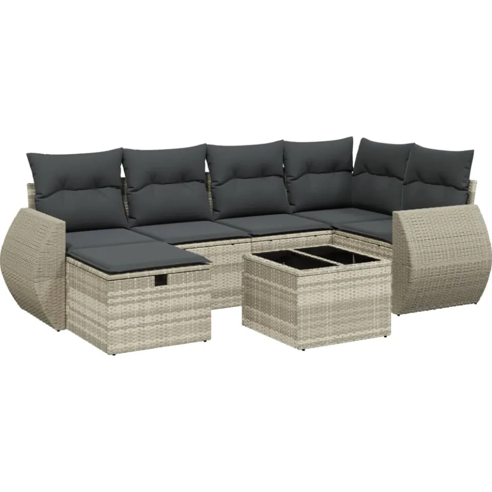vidaXL 7-delige Loungeset met kussens poly rattan lichtgrijs grijs