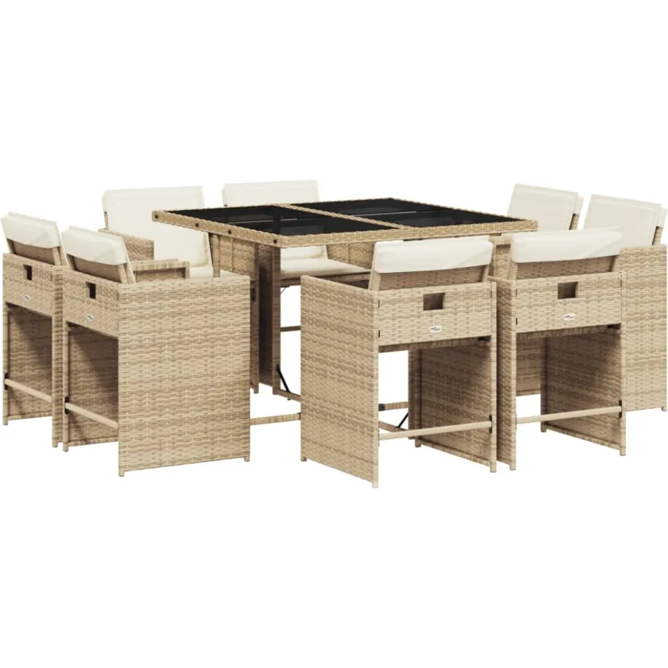 vidaXL 9-delige Tuinset met kussens poly rattan beige