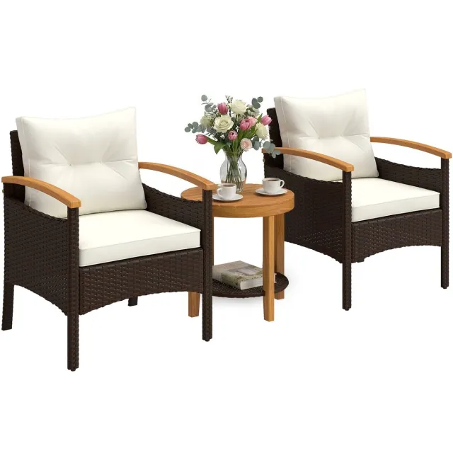 Outsunny Loungeset met 2 fauteuils en tafel van PE-rattan - Tuinset - Balkonset - Loungeset tuin - Crèmewit bruin, crèmewit, hout