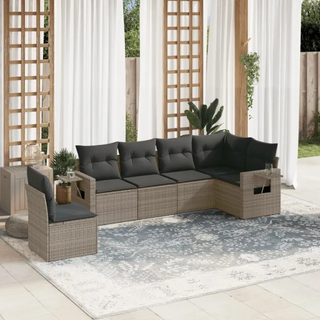 vidaXL 6-delige Loungeset met kussens poly rattan grijs, foto 2