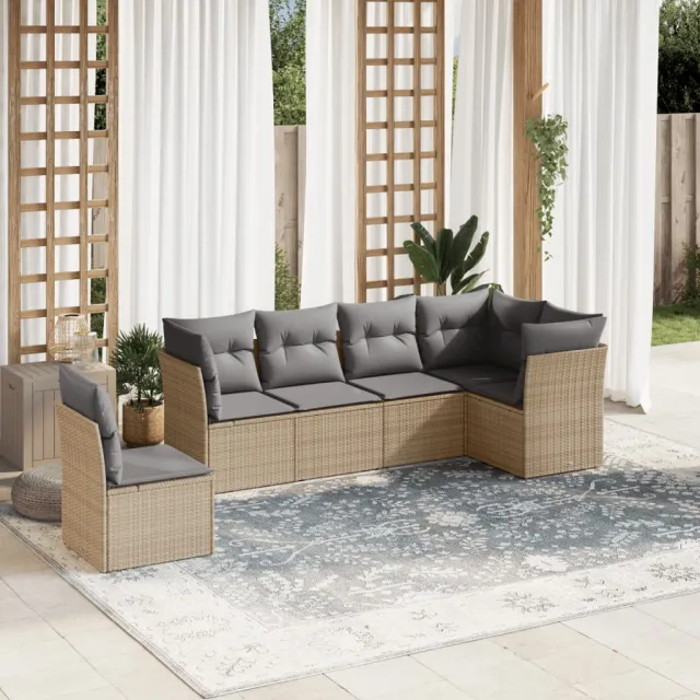 vidaXL 6-delige Loungeset met kussens poly rattan beige, foto 2