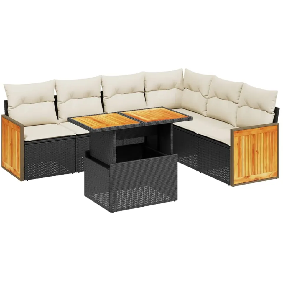 vidaXL 7-delige Loungeset met kussens poly rattan zwart