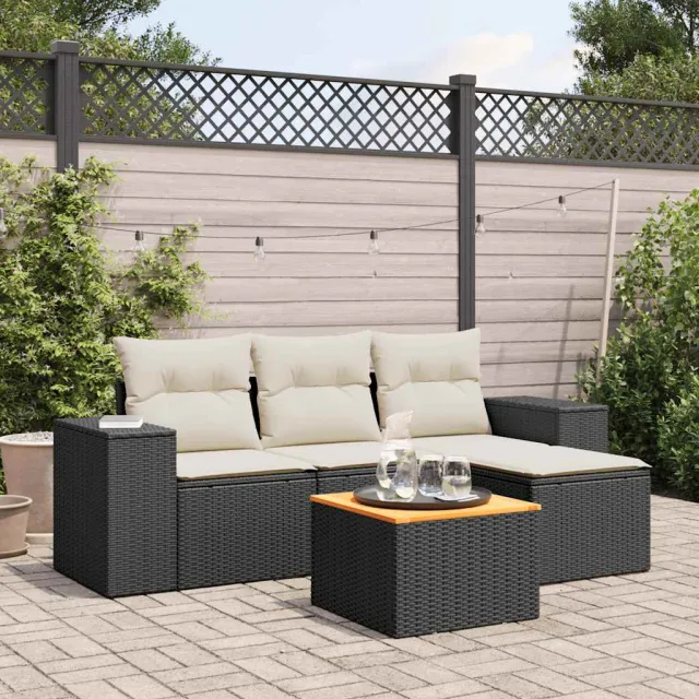 vidaXL 5-delige Loungeset met kussens poly rattan zwart, foto 2