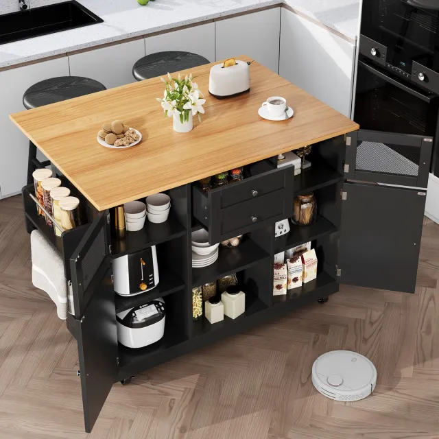 HAUSS SPOLE Buffetwagen - Multifunctionele Keukenwagen Met Uitklapbaar Werkblad En Wijnrek - 2 Laden En Verstelbare Planken - MDF - 140x70x93,5 Cm - Zwart