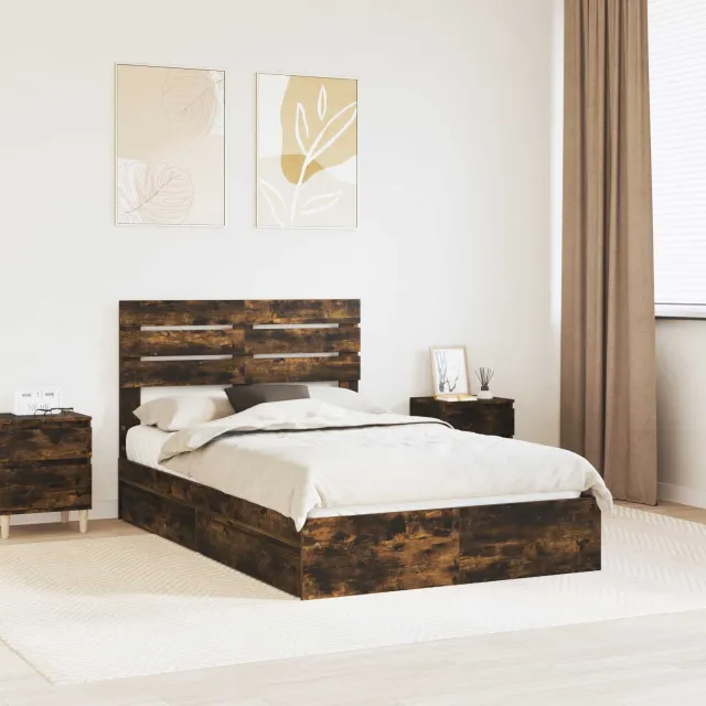 vidaXL Opslag bed met lade Gerookt eiken 135 x 190 cm Bewerkt hout Bruin