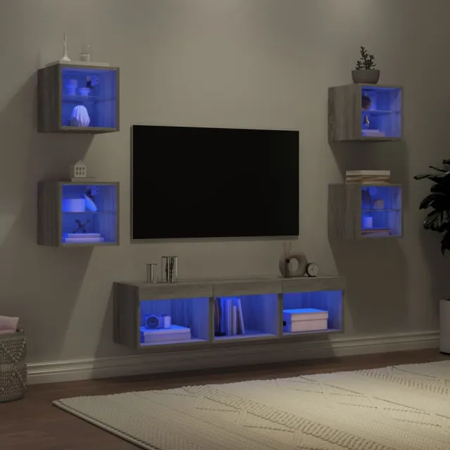 vidaXL 7-delige Tv-wandmeubelset met LED bewerkt hout betongrijs