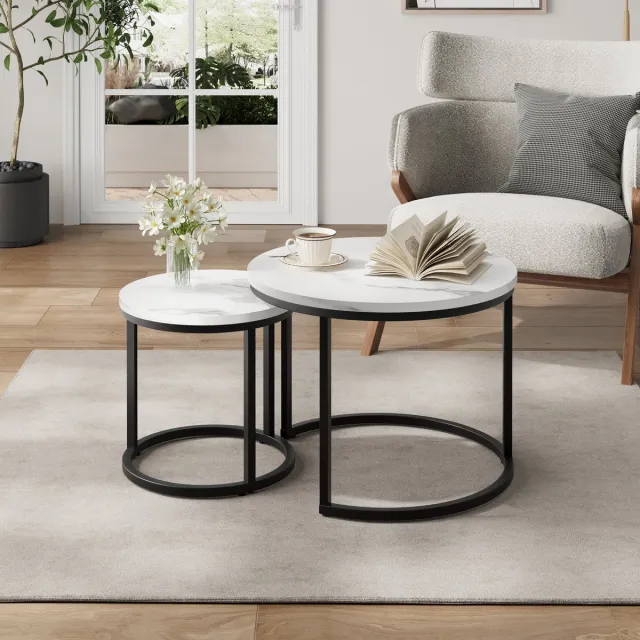 REDOM Salontafel set 2-delig 60x60x45 cm van spaanplaat en ijzer, rond ontwerp Wit