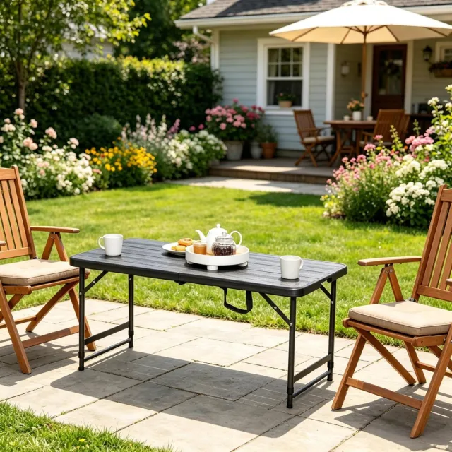 MODENUIT Tuintafel 118 x 60 cm - Inklapbaar en Hoogteverstelbaar - Tuin en Terras - HDPE en Staal - Zwart