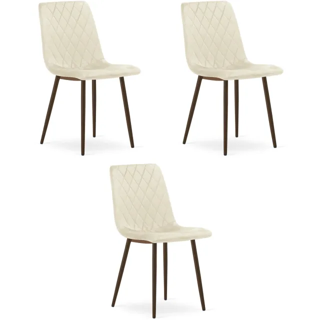 LEOBERT TURIN Eetkamerstoelen – Set van 3 – Beige Velvet – Walnootkleurige Houten Poten – Comfortabele Ergonomische Zitting – Modern Design – Velvet Stoel voor Woonkamer, Keuken en Eetkamer – Max. 110 kg per Stoel