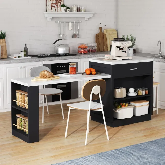 WUVRIE Kookeiland met uitschuifbare eettafel - 2 lades, stopcontacten en USB - Zwart/wit