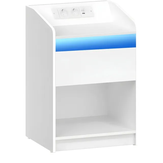 Happiq Nachtkastje – Voor Slaapkamer – Met LED-Verlichting, 2 Lades, Oplaadstation, USB- en Stopcontact – Wit White