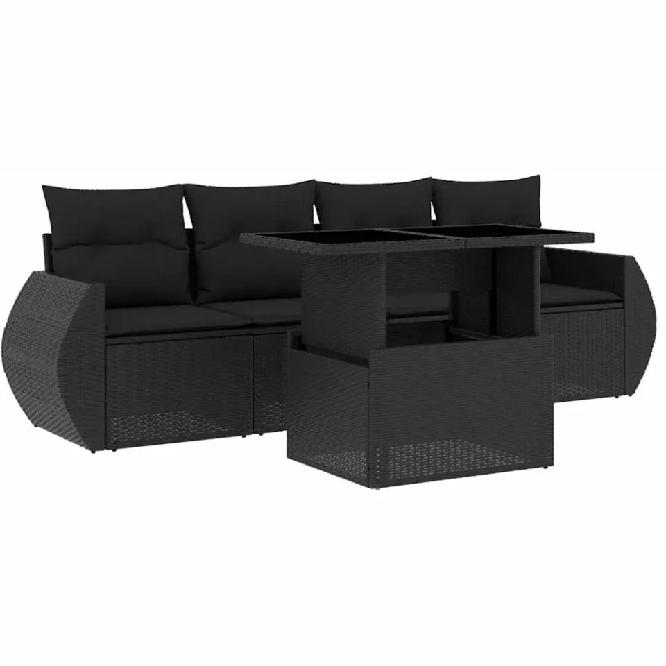 vidaXL 5-delige Loungeset met kussens poly rattan zwart, foto 3