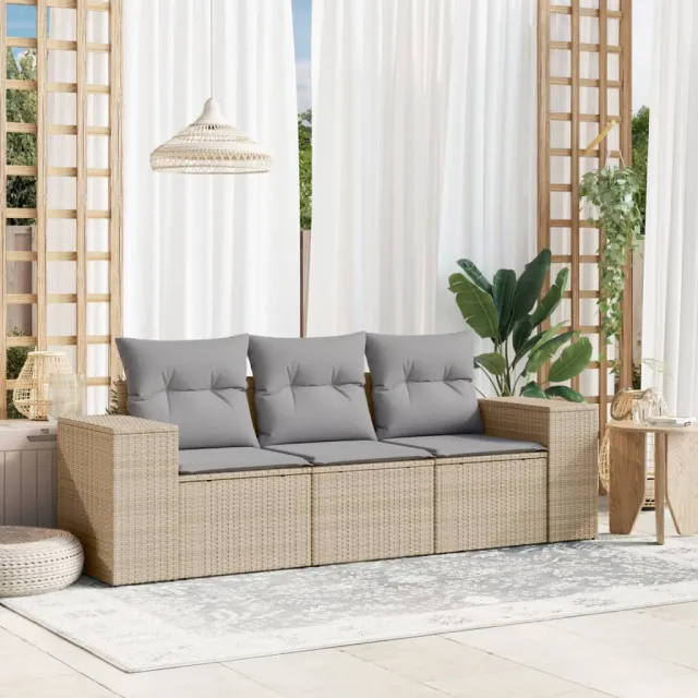 vidaXL 3-delige Loungeset met kussens poly rattan beige, foto 2