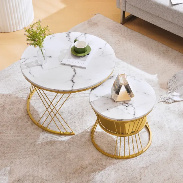 COVREO Salontafel set van 2 70 x 70 x 47 cm - rond nesting design, wit marmerlook fineer en goud