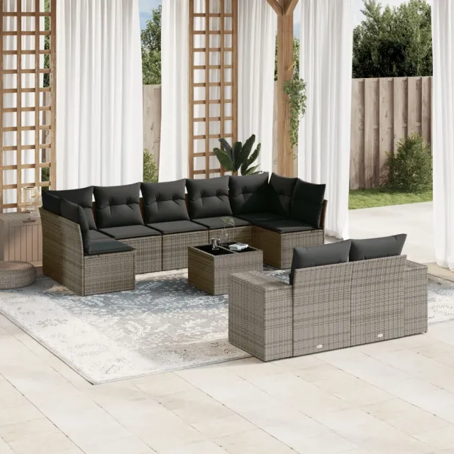 vidaXL 10-delige Loungeset met kussens poly rattan grijs, foto 2