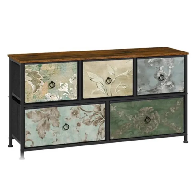 Golaro Kast - Ladekast - Commode - Ladenkastje - Opbergkast - Stoffen lades - Slaapkamer - Woonkamer - Hal - 100x30x55 - Bloemig Antraciet met Hout Bloemmotief