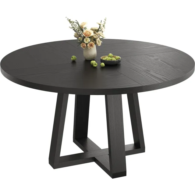 Danky Ronde eettafel, 120 cm landelijke keukentafel voor 4-6 personen, stevig kruisvormig onderstel, zwart met houtnerf