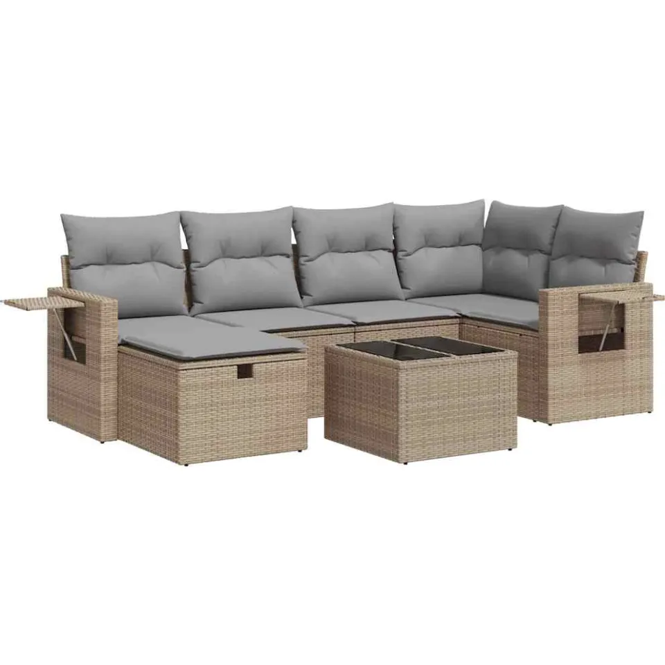 vidaXL 7-delige Loungeset met kussens poly rattan beige, foto 3