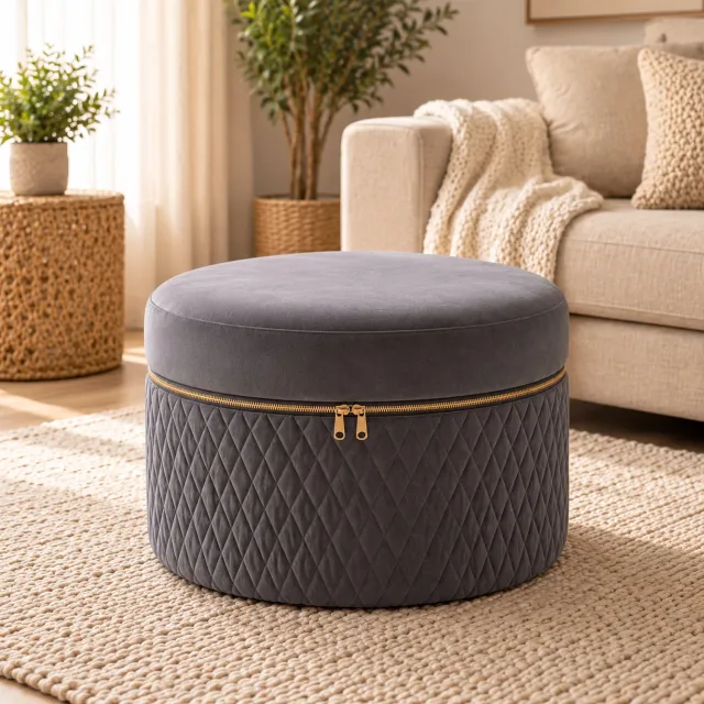 By Viento Nova Velvet Poef – Design Zitpoef – Gouden Rits – Ø42 x H31 cm – Grijs