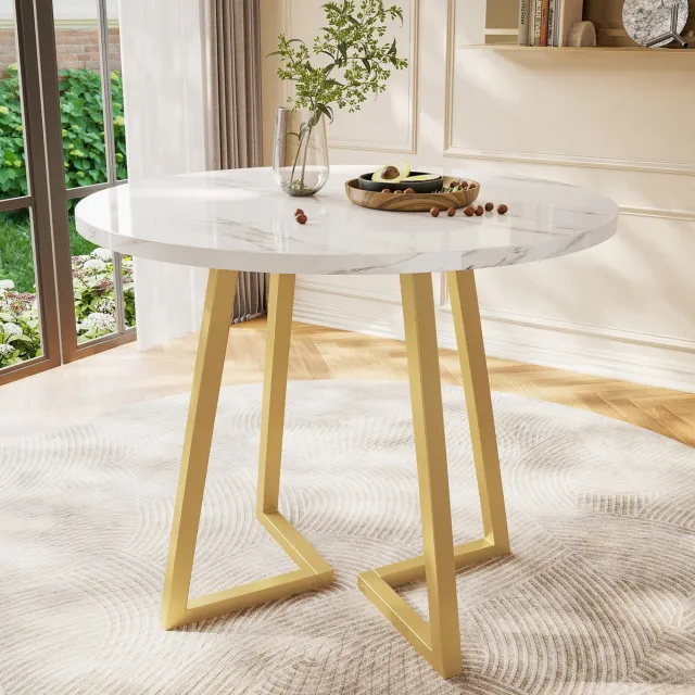 MEUNIQ Ronde eettafel 80 cm met marmereffect tafelblad en metalen onderstel, moderne keukentafel voor eetkamer, woonkamer of kantoor, wit en goud, hoogte 75 cm