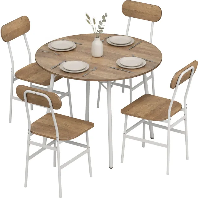 sogiol Eettafel Set met 4 Stoelen - Ronde Eettafel Ø 100 cm - Eetkamerset 5-delig - Ruimtebesparend - Industrieel - Naturel Houtlook en Wit